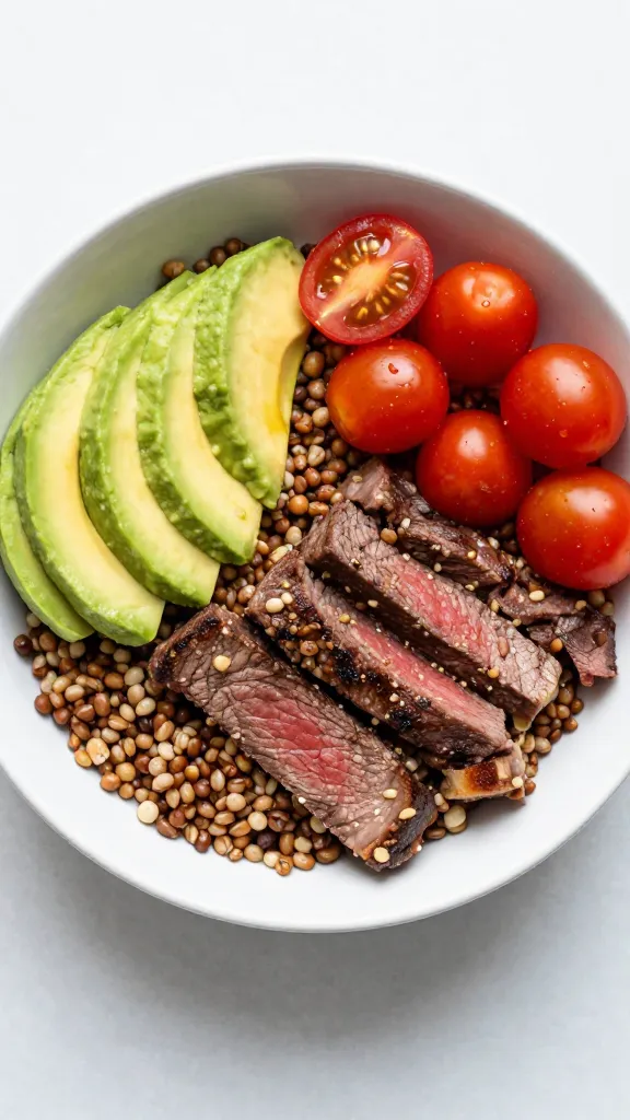 leftover steak grain bowl with avocado and cherry tomatoes
