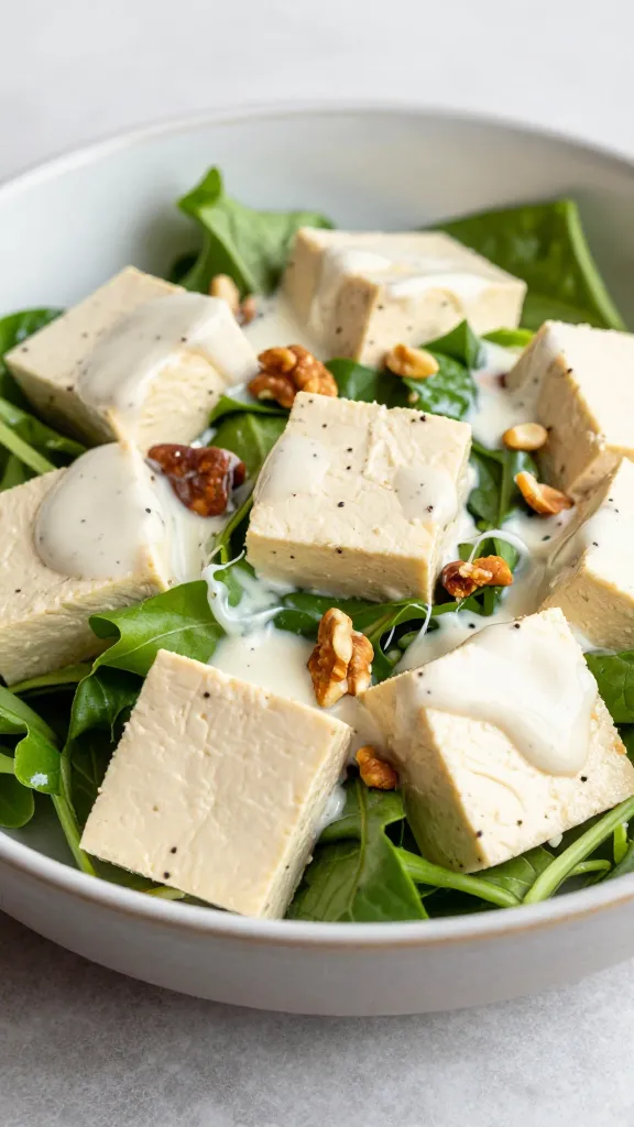 smoky tofu salad with leafy greens, nuts, and creamy dressing