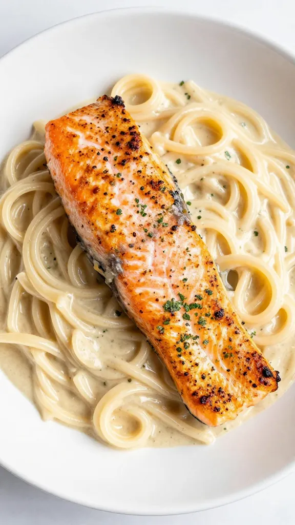 leftover grilled salmon flakes on creamy pasta, white bowl