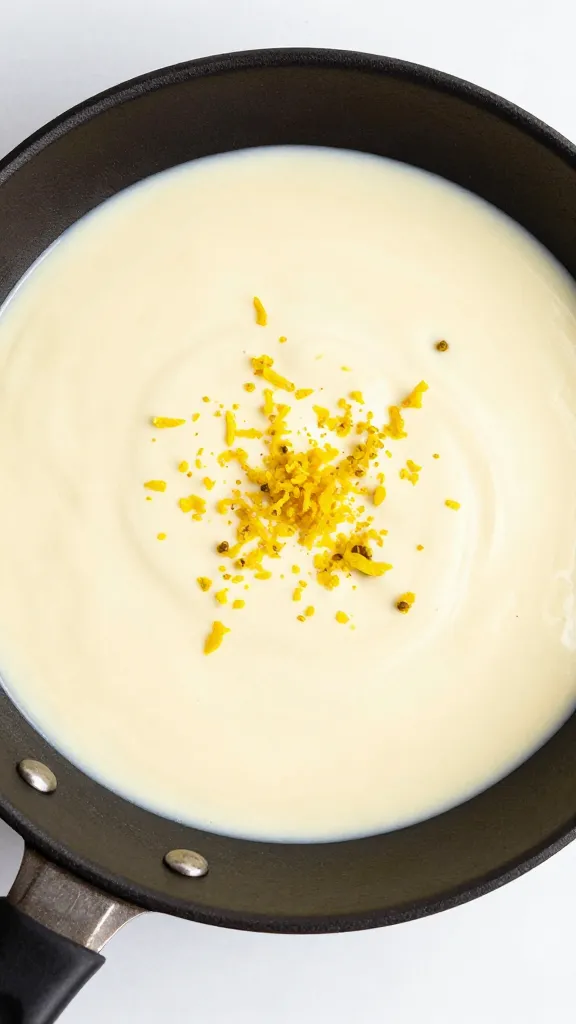 skillet pan sauce with lemon zest and cream, overhead