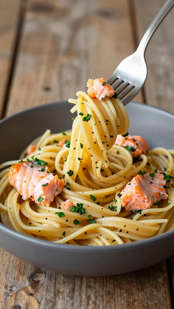 fork twirling salmon pasta with parsley, rustic table