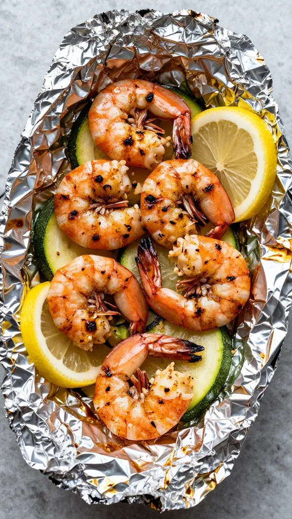 Grilled foil packets with shrimp, zucchini, and lemon slices