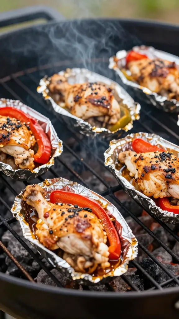 Chicken and bell pepper foil packets sizzling on charcoal grill