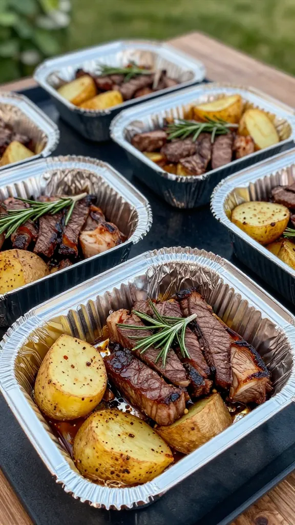 Steak and potato foil packets with rosemary, backyard evening light