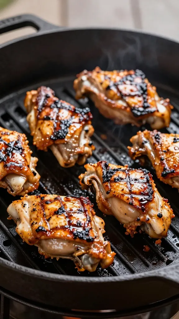 Grilled BBQ chicken thighs on cast-iron grate