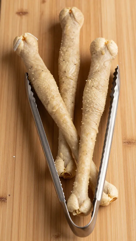 Saucy drumsticks on wooden board with tongs