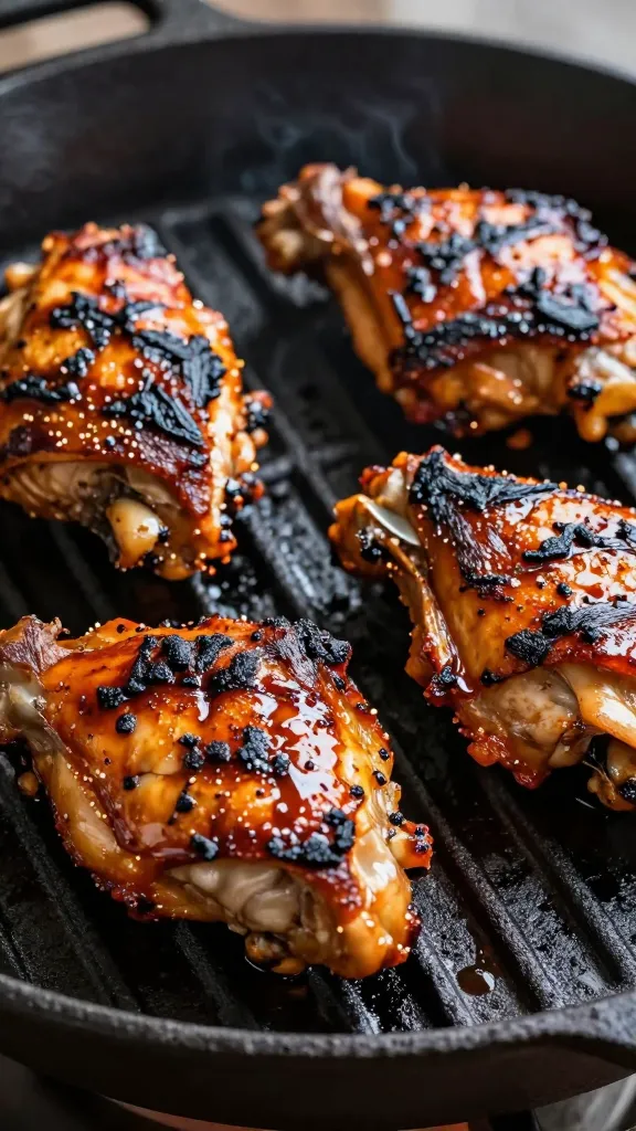 Grilled BBQ chicken thighs with sticky char on cast-iron grate
