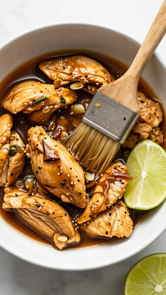 Bowl of smoky-sweet chicken marinade with brush and lime wedges