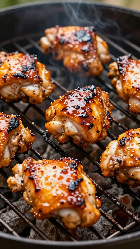 Juicy marinated chicken thighs on grill, glossy caramelized glaze