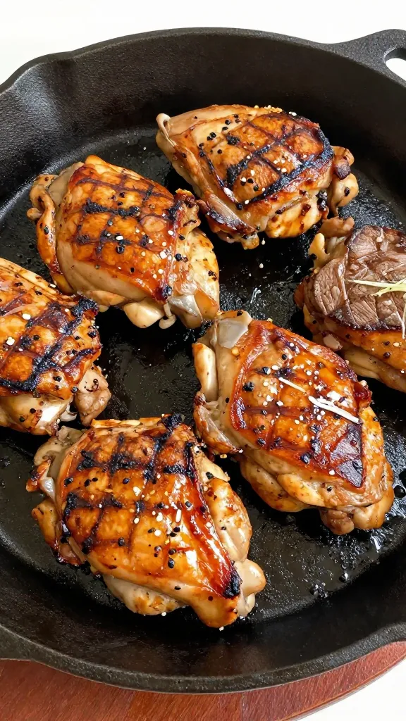 Batch-grilled chicken thighs and flank steak on cast-iron platter