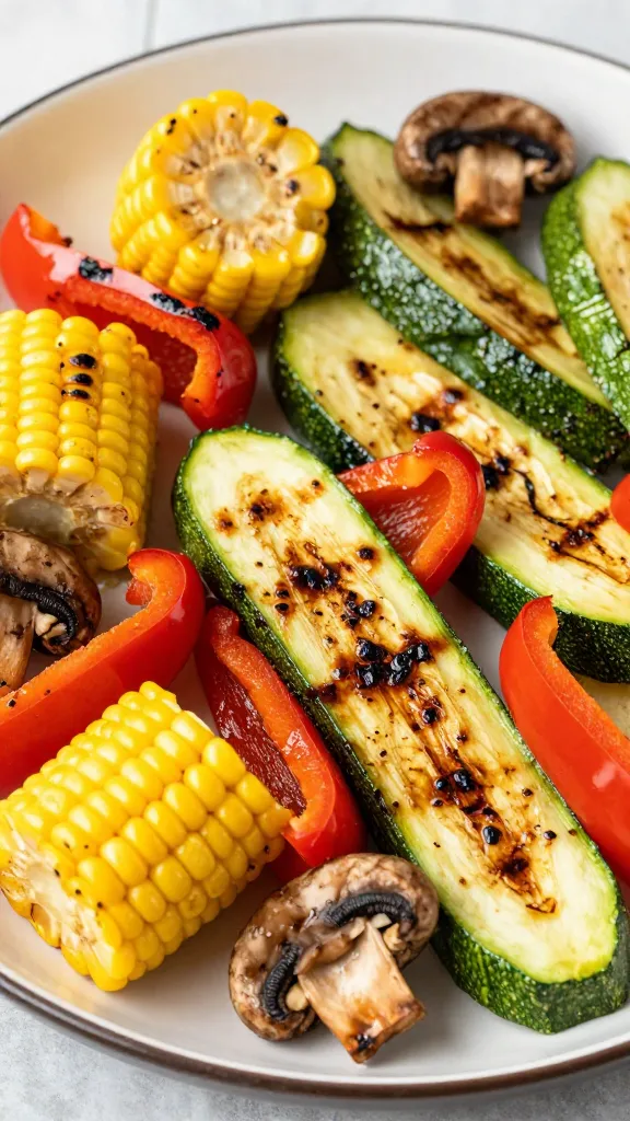 Colorful grilled veggie medley: corn, peppers, zucchini, mushrooms