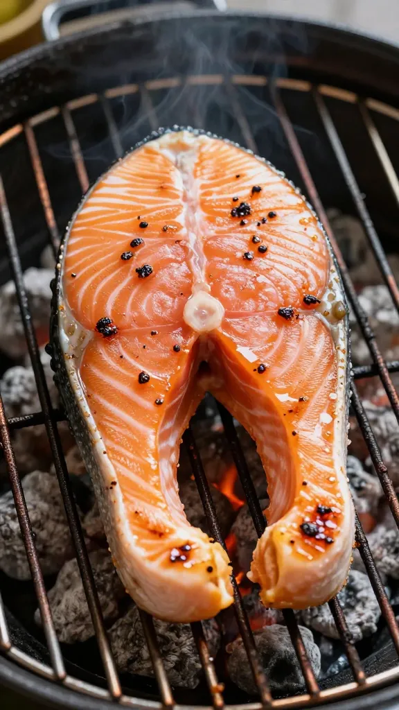 Salmon fillets with split marinades on charcoal grill grates