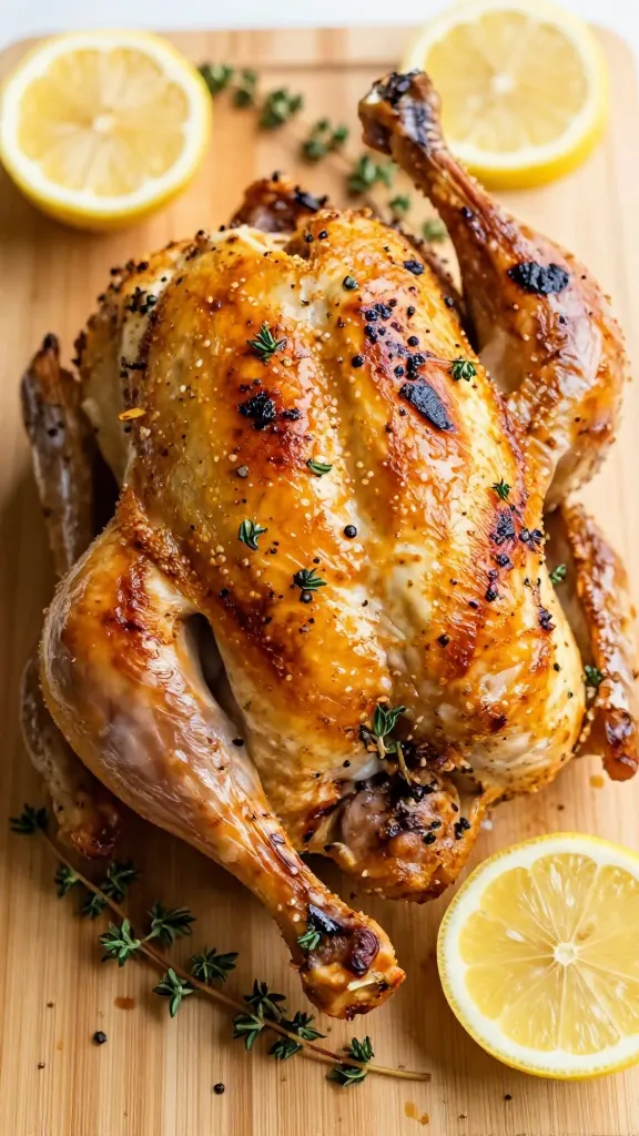 Grilled whole chicken with lemon and thyme on board