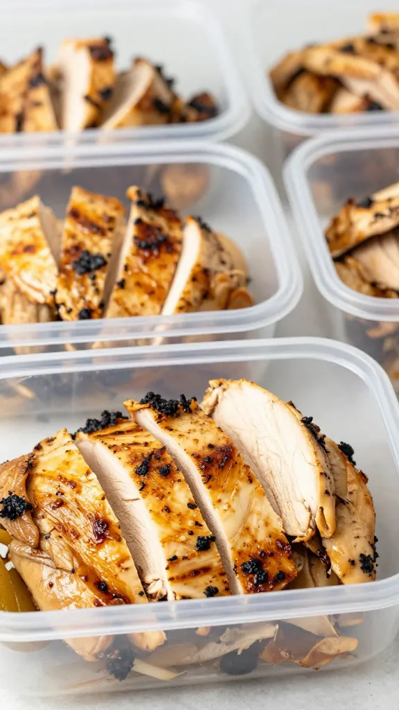 Sliced leftover grilled chicken in meal-prep containers