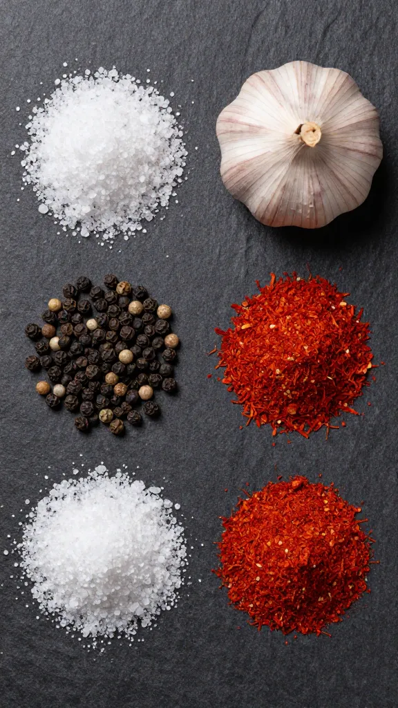 Base rub spices: salt, pepper, garlic, smoked paprika flatlay