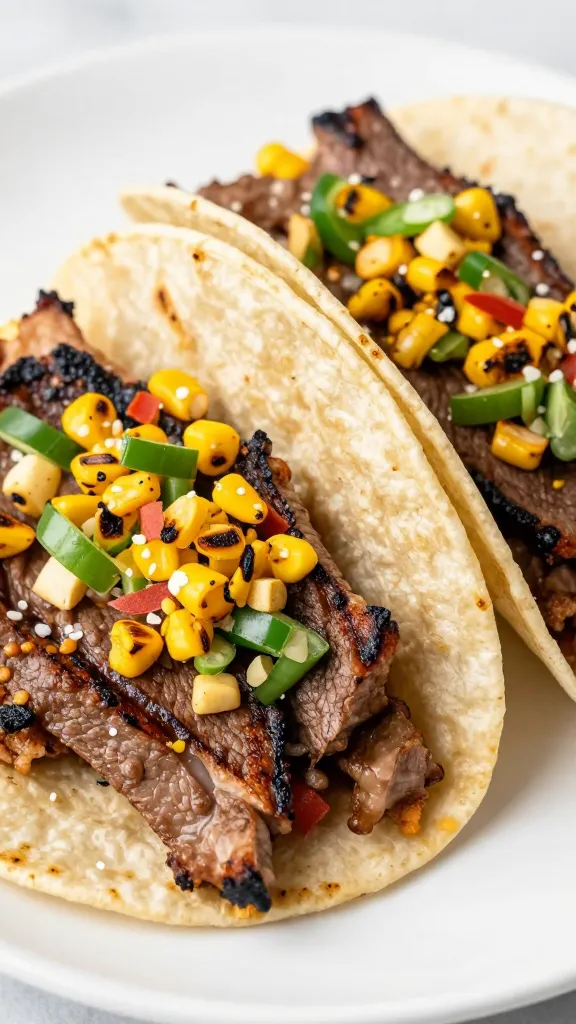Sliced grilled steak tacos with charred corn salsa