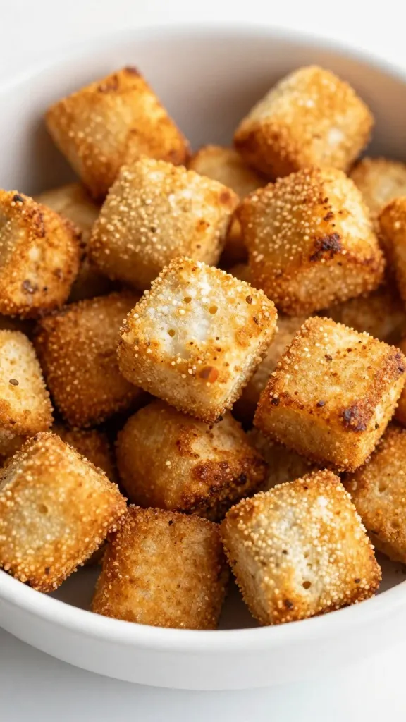 Toasted burger bun croutons in white bowl