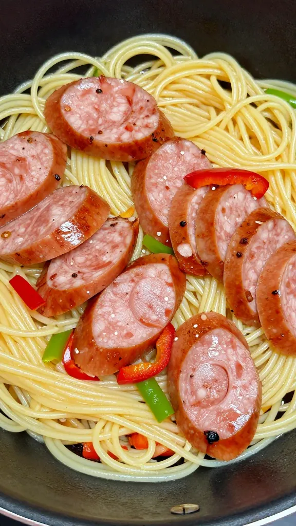 Leftover sausages sliced into pasta with peppers