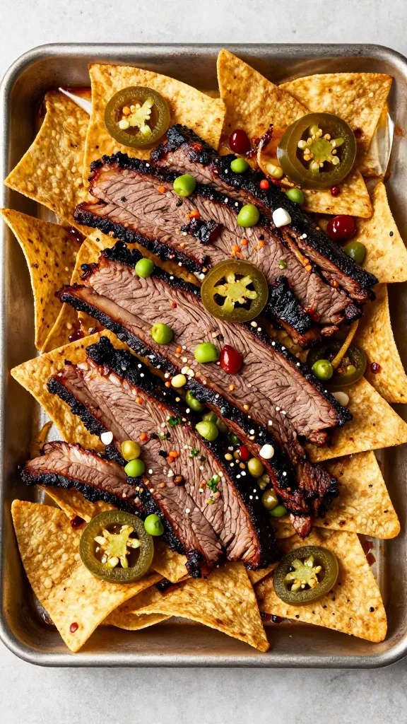 Sheet pan BBQ brisket nachos with pico and jalapeños