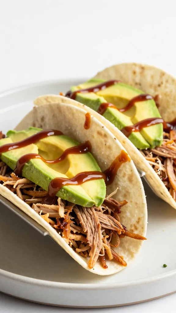Leftover pulled pork tacos with avocado and BBQ drizzle