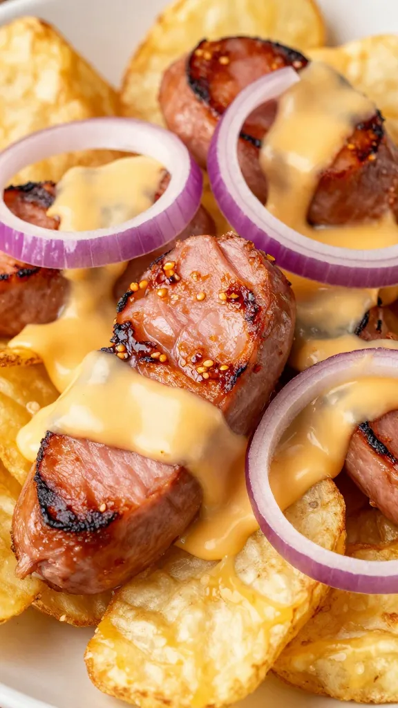 Grilled sausage slices over chips, melted cheese, red onion