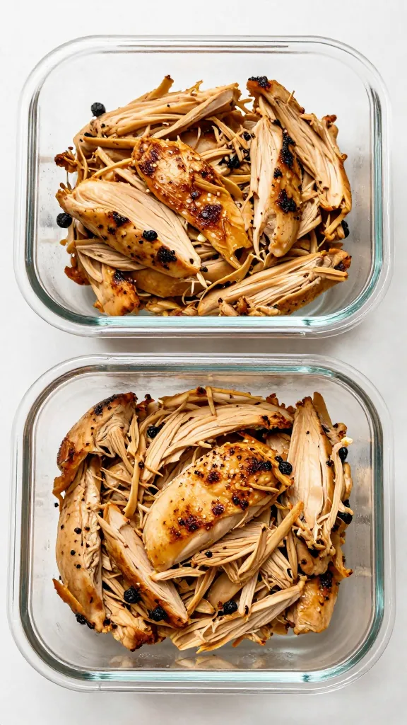 shredded grilled chicken in glass containers, overhead, natural light