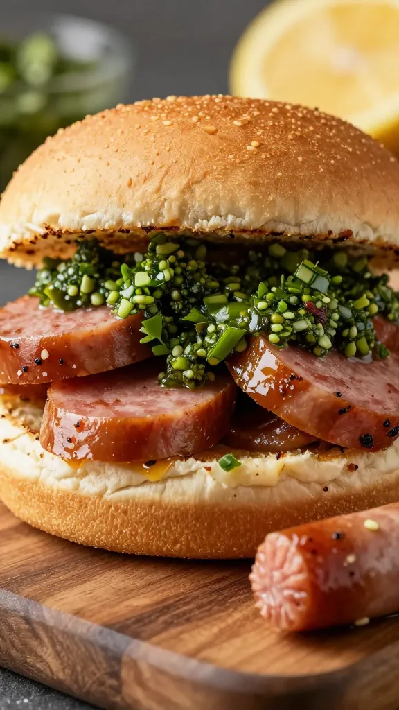 sliced burgers and sausages with chimichurri, wood board, macro