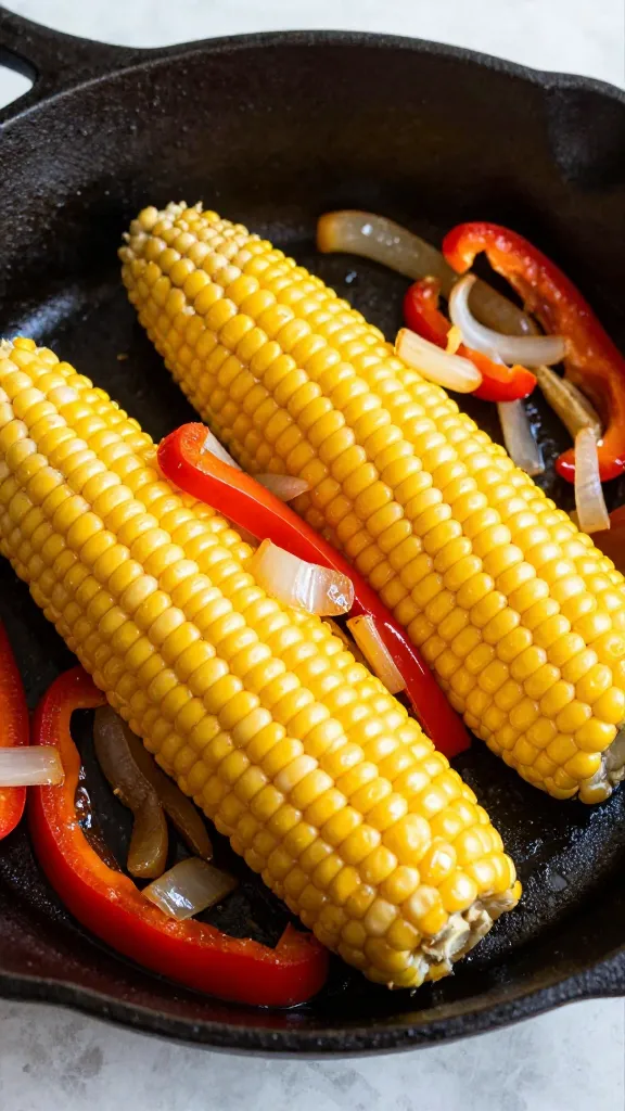corn off the cob with peppers and onions, cast-iron skillet
