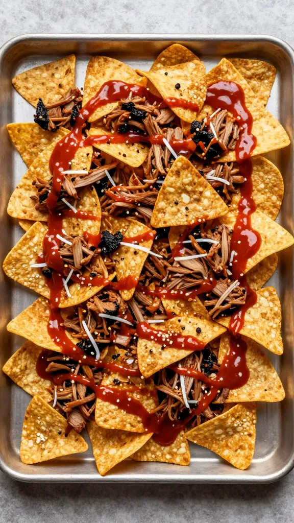 pulled pork gochujang nachos on sheet pan, overhead