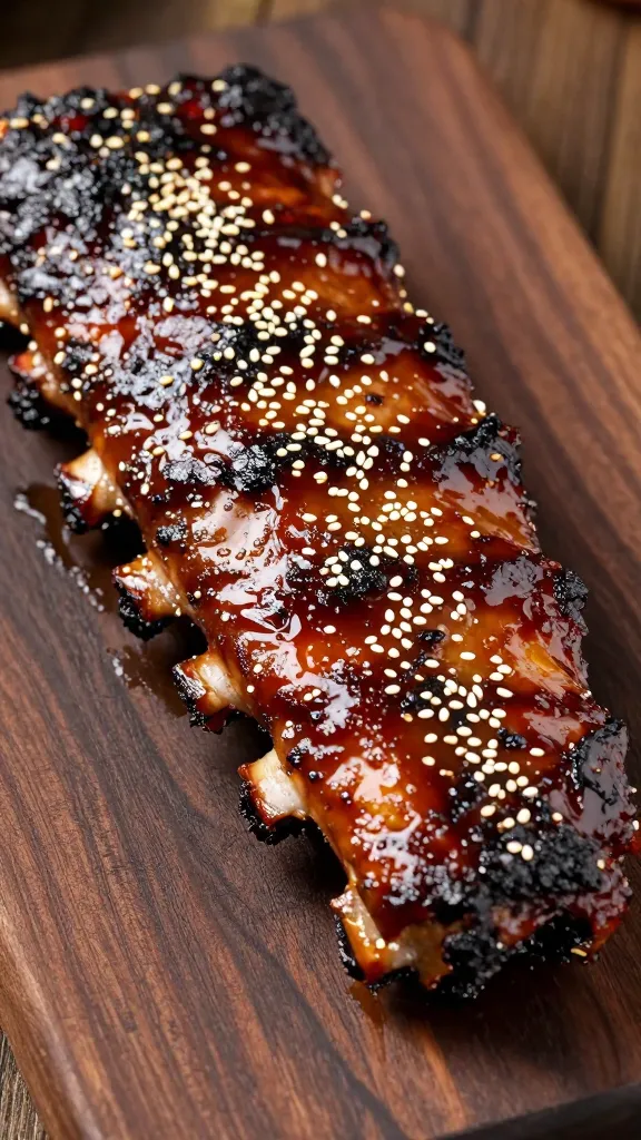 sticky bbq ribs with char, sesame garnish, dark wood