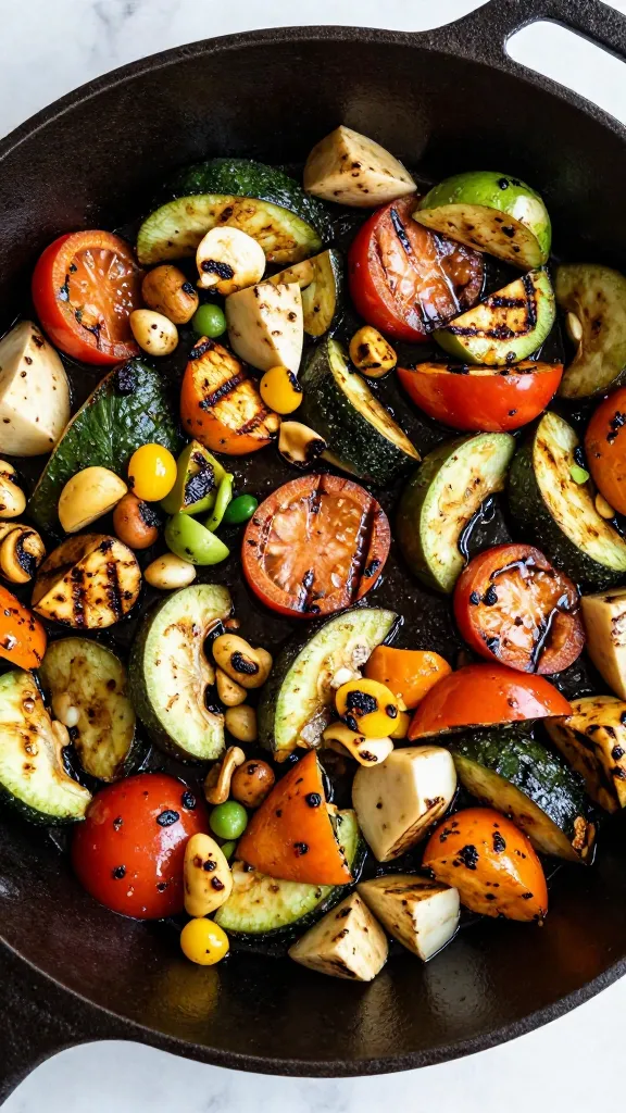 grilled veggie medley leftovers in cast iron skillet, top-down