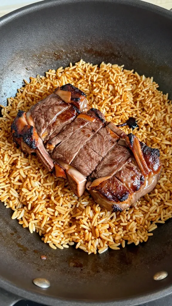 diced leftover ribeye in hot wok with fried rice