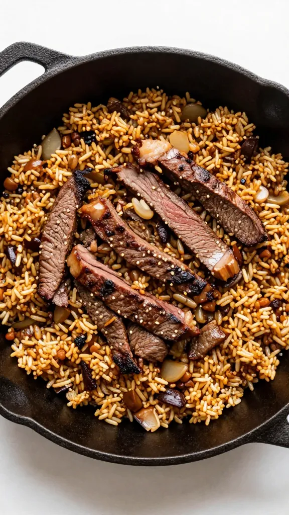 smoky steak fried rice in cast-iron skillet, overhead