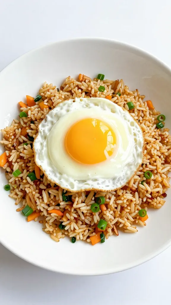 egg-topped steak fried rice with scallions, white bowl