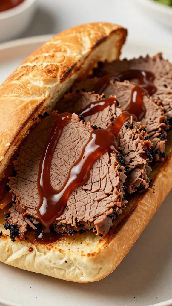 sliced leftover brisket on toasted roll, glossy bbq sauce