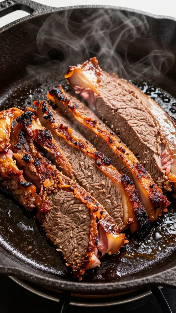 chopped brisket in cast-iron skillet, crispy edges, steam