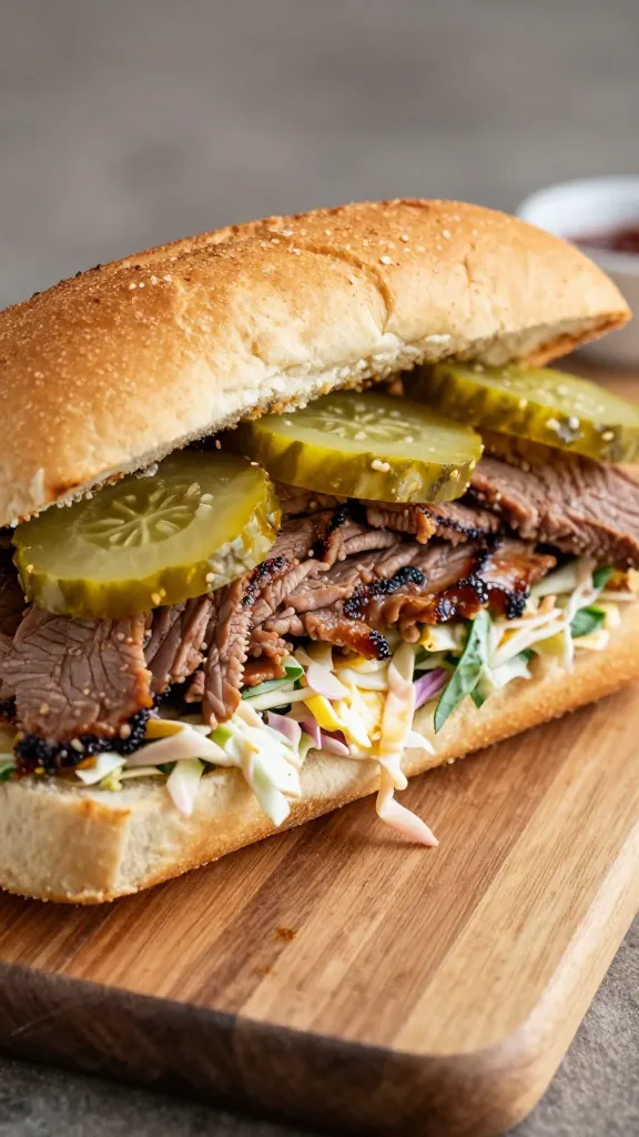 brisket sandwich with pickles and slaw on wooden board
