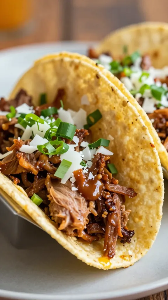 saucy pulled pork tacos on warm corn tortillas