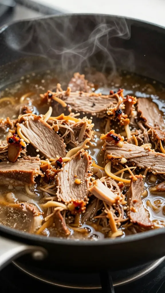skillet reheating leftover pulled pork with splash of broth