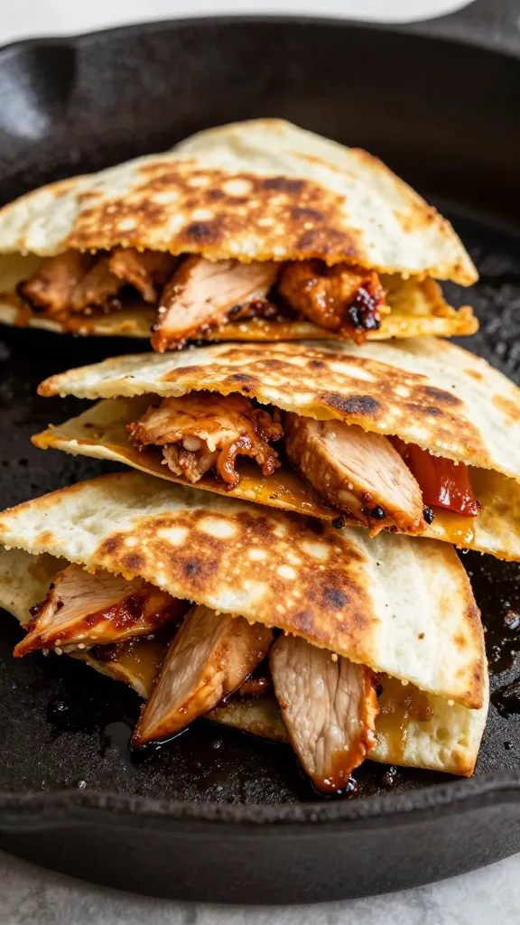 leftover BBQ chicken quesadillas on cast-iron skillet