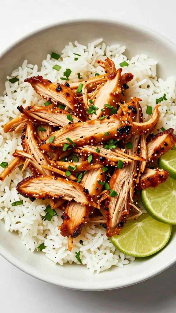 shredded BBQ chicken over cilantro-lime rice bowl