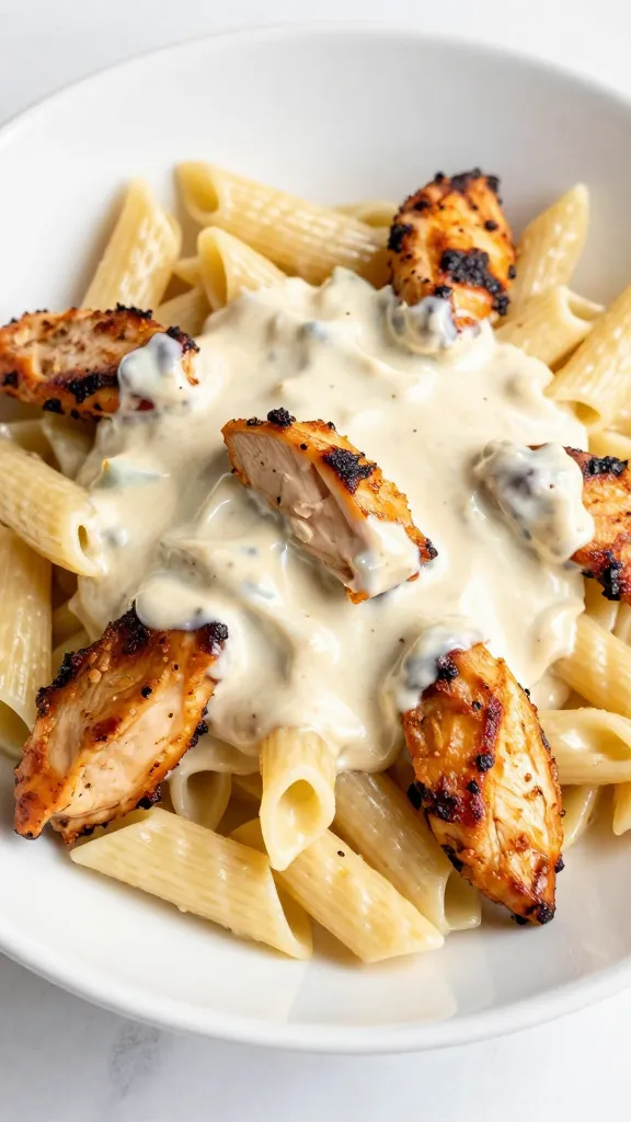BBQ chicken pasta with creamy sauce in white bowl
