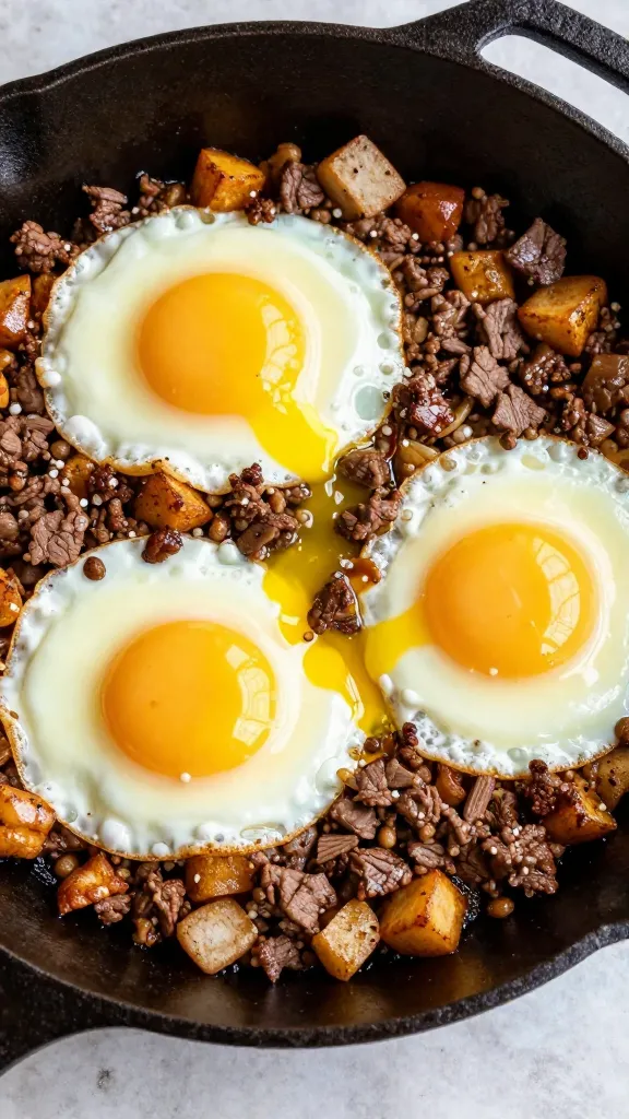 Brisket breakfast hash with runny eggs in cast-iron skillet