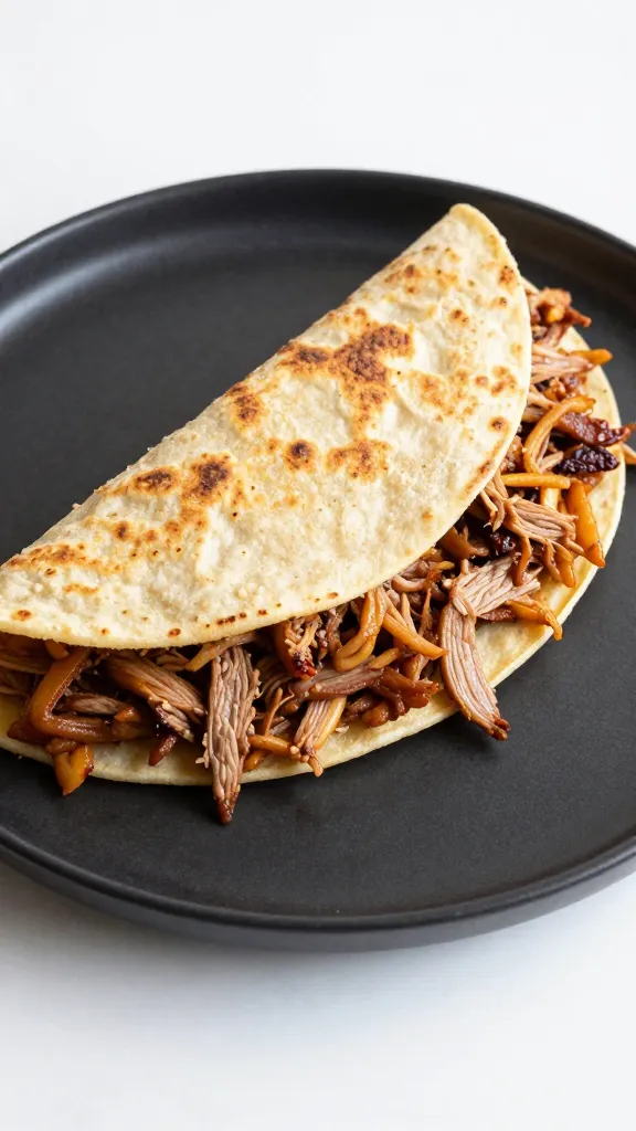 Pulled pork migas with crispy tortillas on matte black plate