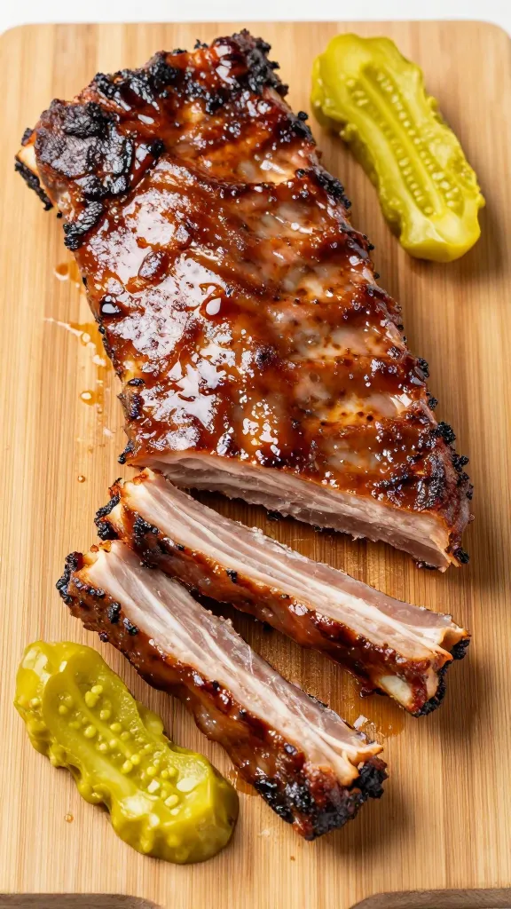 Leftover ribs sliced on wooden board with pickle garnish
