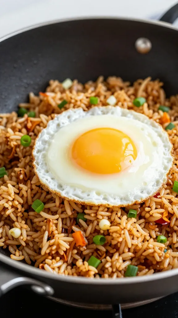 Smashburger fried rice in wok with fried egg, scallions