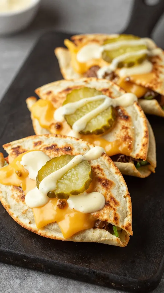 Cheeseburger quesadillas with pickles and fancy sauce, griddle
