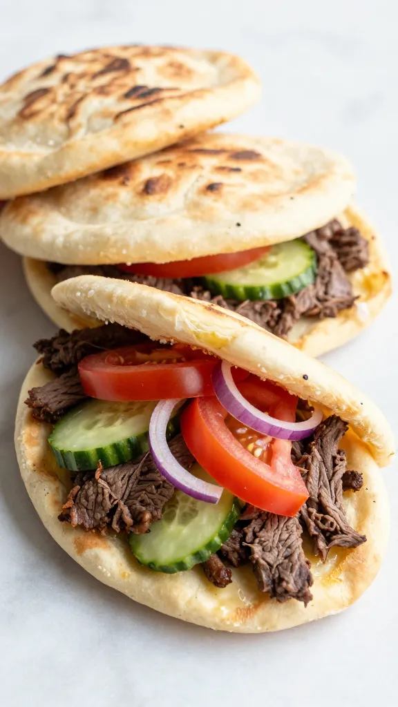Greek-style beef pitas with cucumber, tomato, red onion