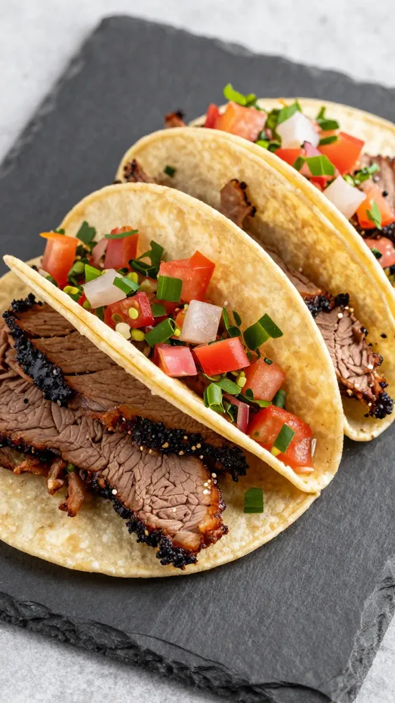 sliced smoked brisket tacos with fresh salsa on slate plate