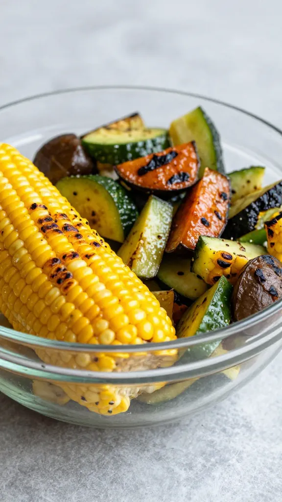 grilled corn and charred veggie salad in glass bowl